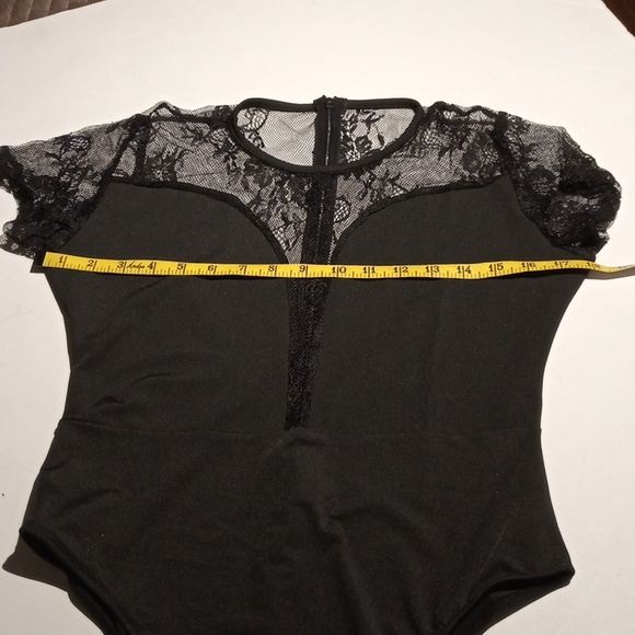 NWOT Sexy Black Mesh Sheer Lace Short Sleeve Bodysuit Leotard Clubwear Top - Picture 11 of 12